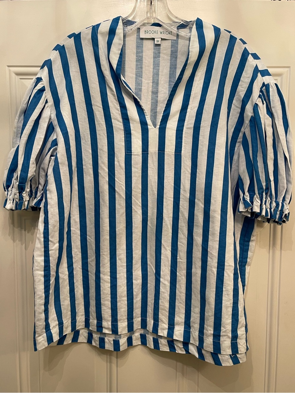 Brooke Wright Blue & White Striped V-Neck Puff Sleeve Top S/M